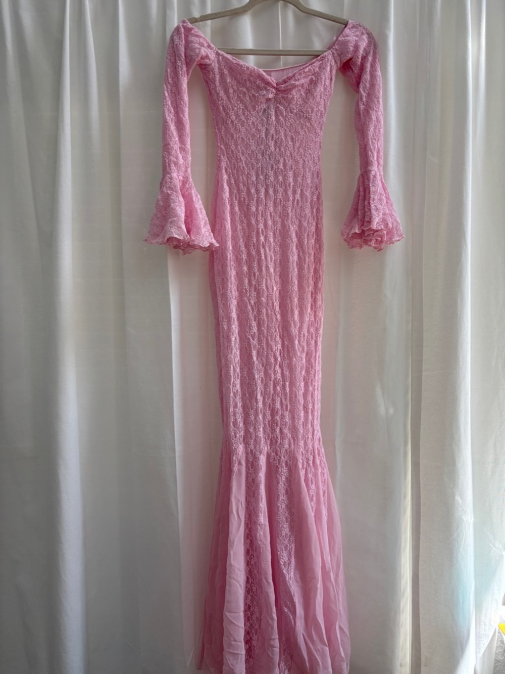 Oh Polly Pink Lace Mermaid Maxi Dress with Flared Sleeves